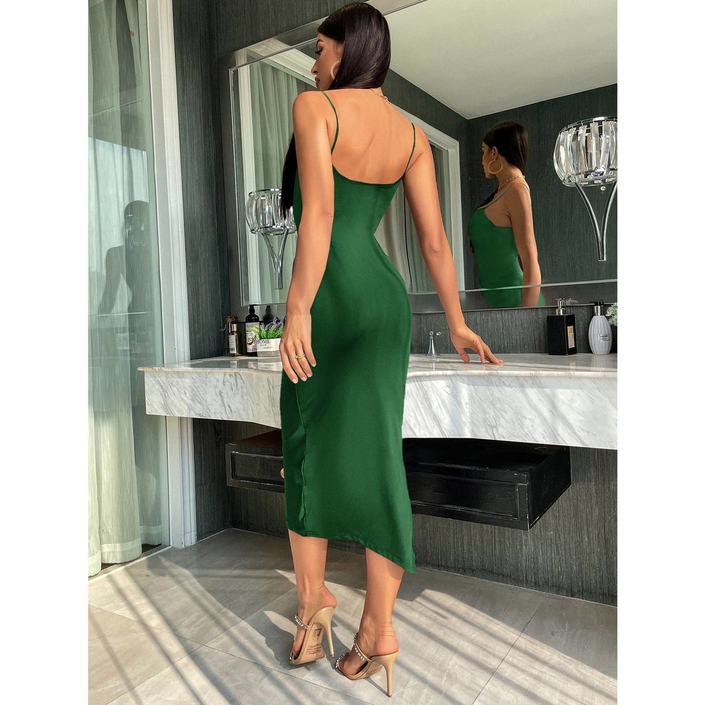 Cami straight neck Ruched Bodycon midi Dress black - Picture 3 of 11